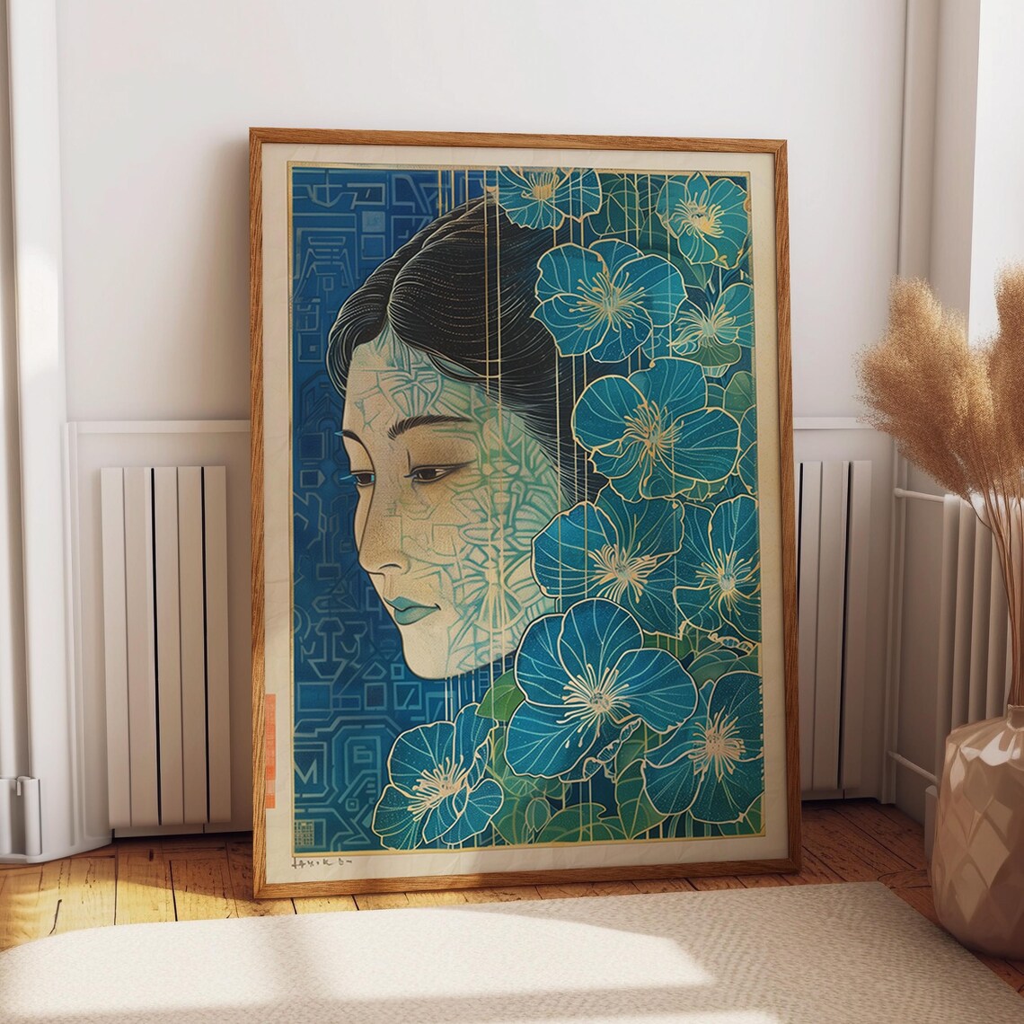 Japanese Geisha Floral Wall Art Blue Blossom Geisha Art Print Gold And Blue Floral Ukiyo E Inspired Poster Poster Or Print