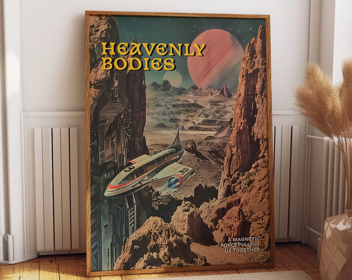 Heavenly Bodies Retro Rocket Over Alien Canyon Sci Fi Art Poster