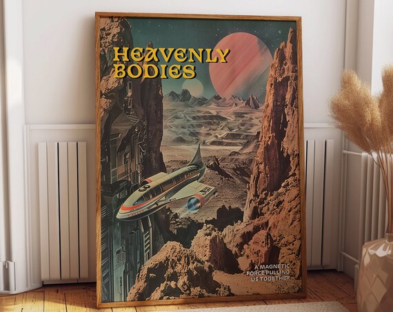 Heavenly Bodies Retro Rocket Over Alien Canyon Sci Fi Art Poster