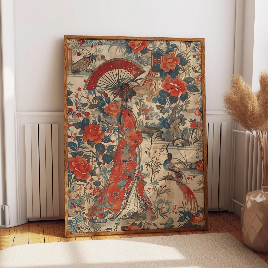 Japanese Geisha And Floral Landscape Poster Oriental Garden Flower And Bird Wall Art Traditional Art Wall Decor Poster Or Print