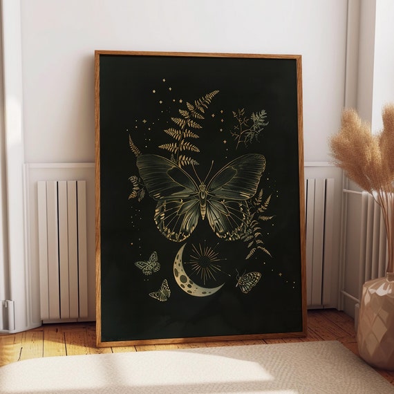 Golden Butterfly Moonlight Art Poster Nature And Celestial Wall Decor Modern Gold And Black Gothic Wall Art Poster Or Print