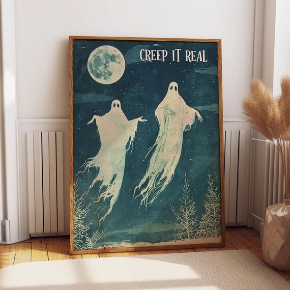 Creep It Real Retro Ghosts Full Moon Vintage Halloween Art Poster
