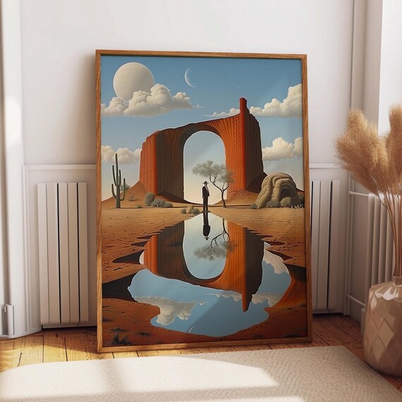 Surreal Desert Moon Reflection Beneath Red Sandstone Arch Night Poster