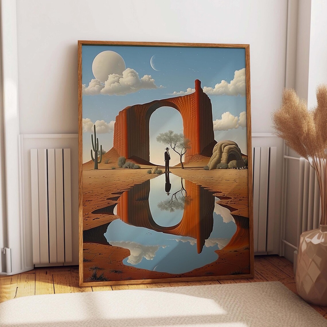 Surreal Desert Moon Reflection Beneath Red Sandstone Arch Night Poster