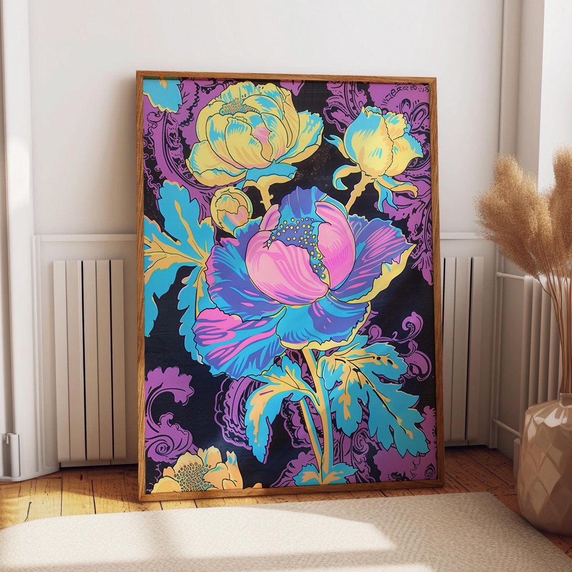 Neon Floral Art Poster Bold Botanical Flower Illustration Wall Decor Modern Floral Statement Wall Art Poster Or Print