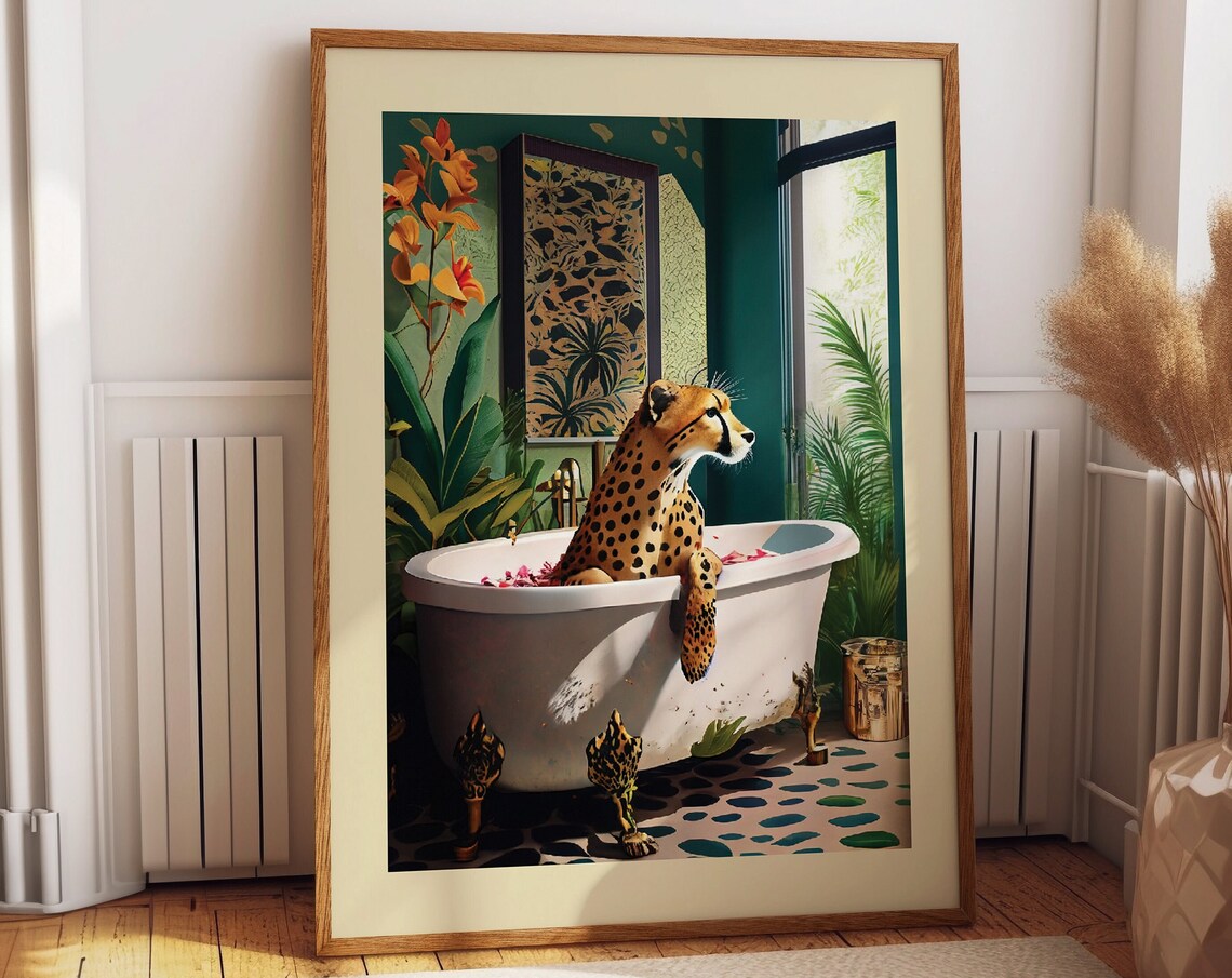 Whimsical Leopard Bath Time Watercolor Art Print