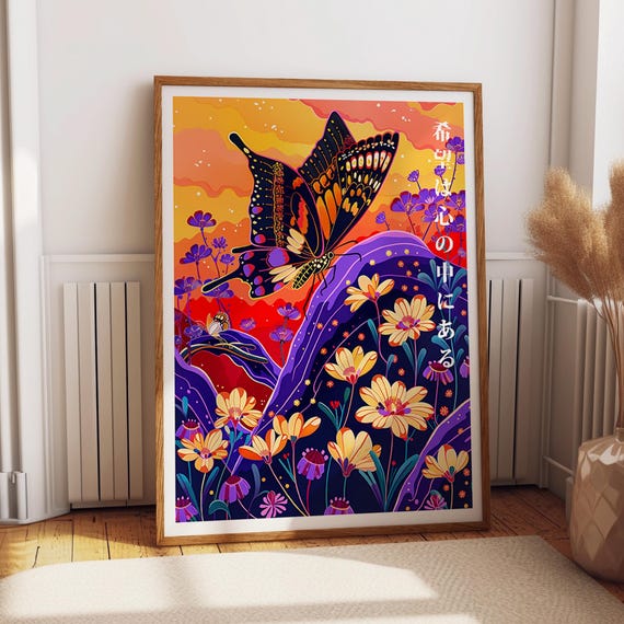 Butterfly And Floral Sunset Art Poster Japanese Botanical Nature Inspired Artwork Wall Decor For Home Office Poster Or Print
