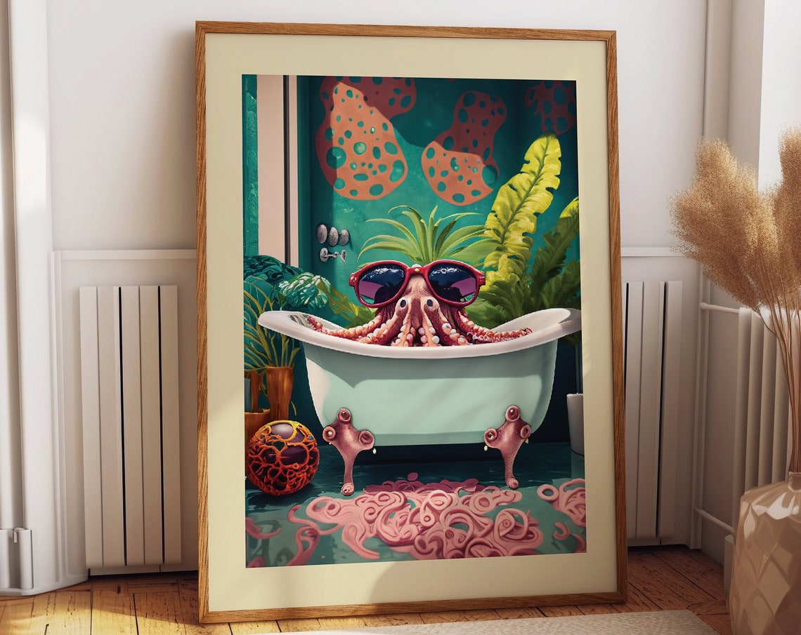 Whimsical Octopus Bathtub Art Charming Watercolor Prints Of Playful Octopus Enjoying Bath Time Unique Bathroom Decor And Gift Idea