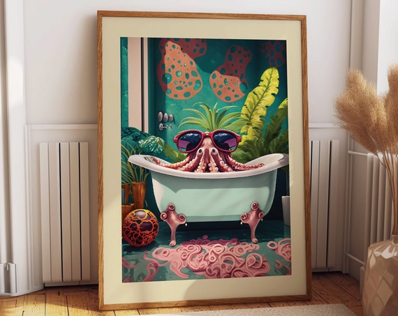 Whimsical Octopus Bathtub Art Charming Watercolor Prints Of Playful Octopus Enjoying Bath Time Unique Bathroom Decor And Gift Idea