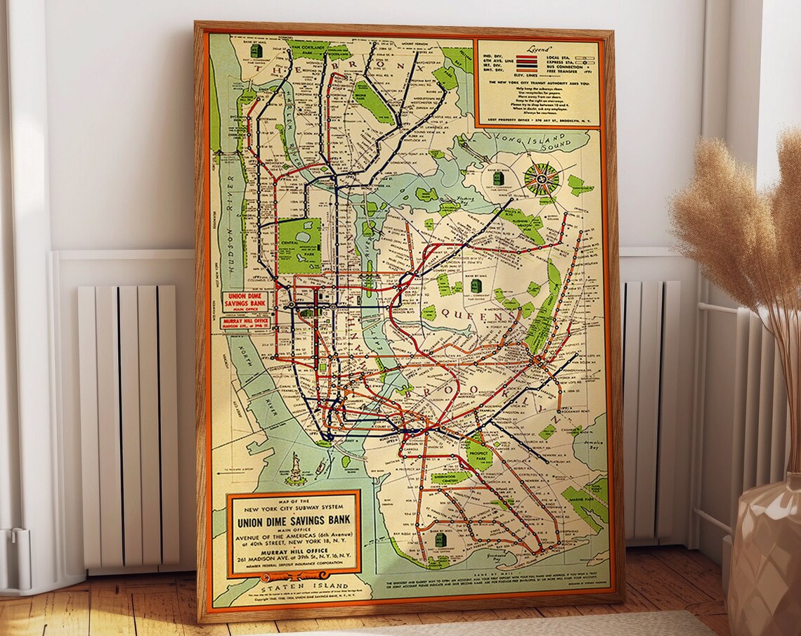 Old New York City Subway Map, Historical Travel Poster