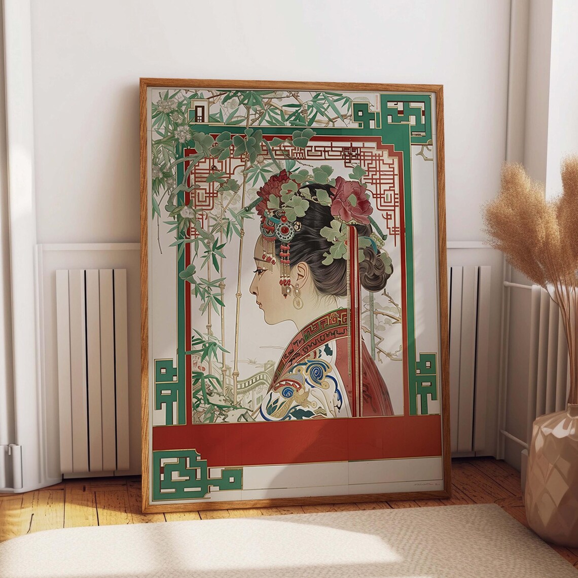 Thai Woman In Bamboo Garden Red Green Oriental Nouveau Frame Art Poster