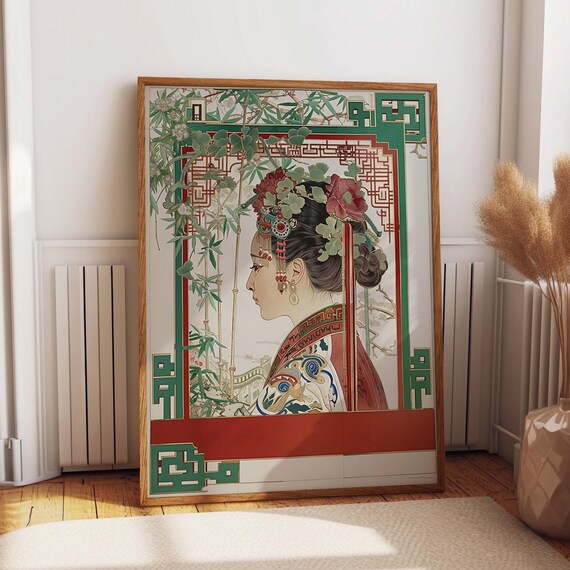 Thai Woman In Bamboo Garden Red Green Oriental Nouveau Frame Art Poster