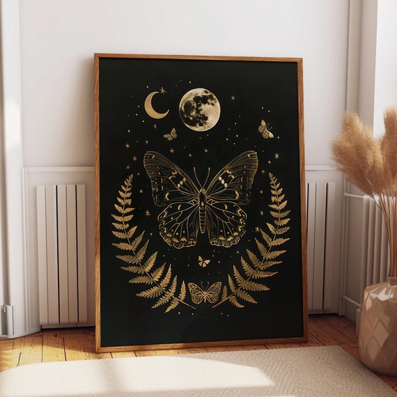 Butterfly Moon And Fern Art Poster Nature And Celestial Wall Decor Gold And Black Mystic Night Sky Wall Art Poster Or Print