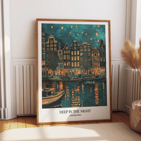 Amsterdam Cityscape Night Scene Travel Poster