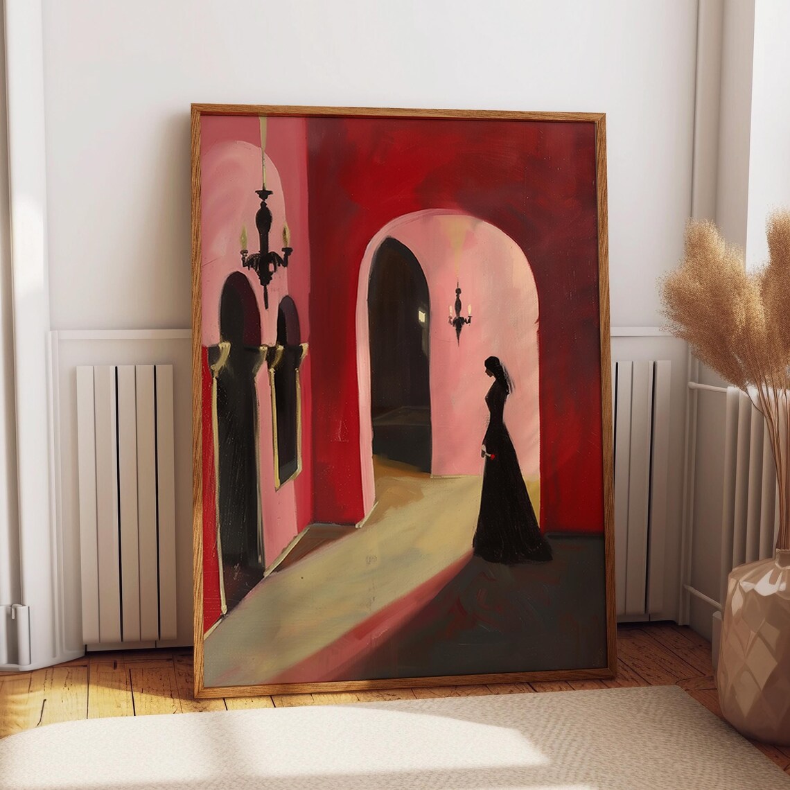 Woman in Black Gown Red Corridor Gothic Mansion Dark Art Poster