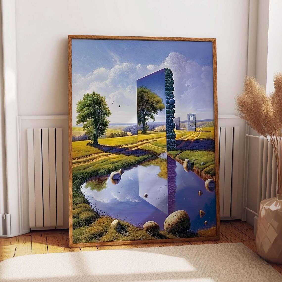 Surreal Mirrored Portal Door in Rolling Meadow Landscape Art Print