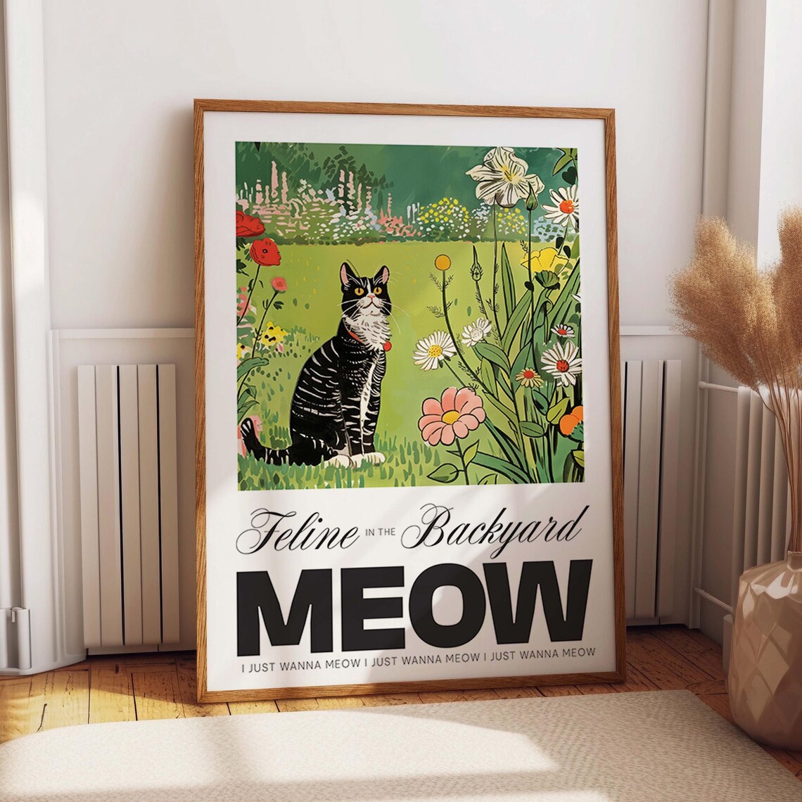 Feline in the Backyard Meow Funny Black Cat Flower Garden Poster