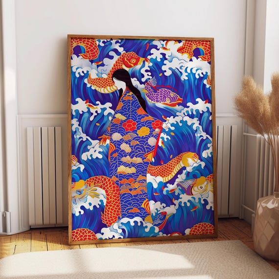Geisha Koi Waves Art Print Japanese Joi Fish And Ocean Waves Art Poster Traditional Ukiyo E Inspired Wall Art Poster Or Print