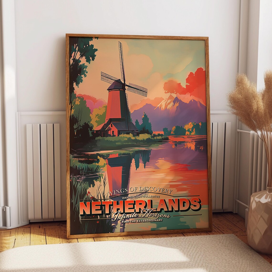 Netherlands Windmill Retro Travel Poster, Dutch Countryside