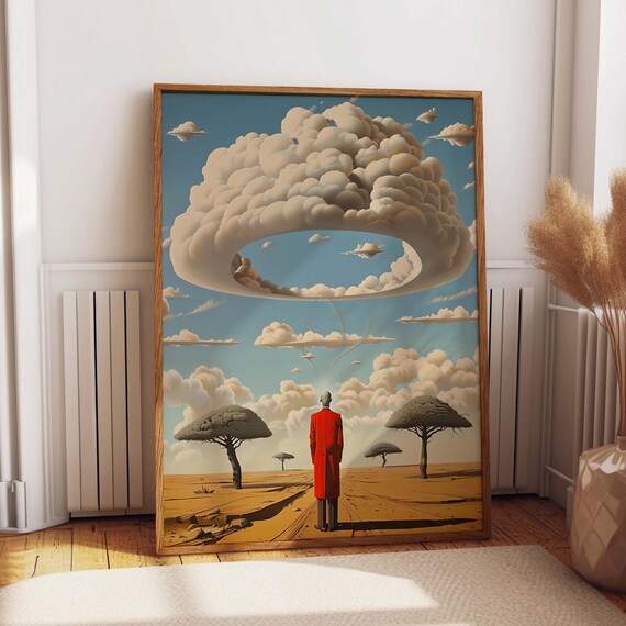 Red Coat Wanderer Under Cloud Ring Art Print Surreal Landscape Poster Home Decor Cloud Fantasy Surrealism Art Poster Or Print