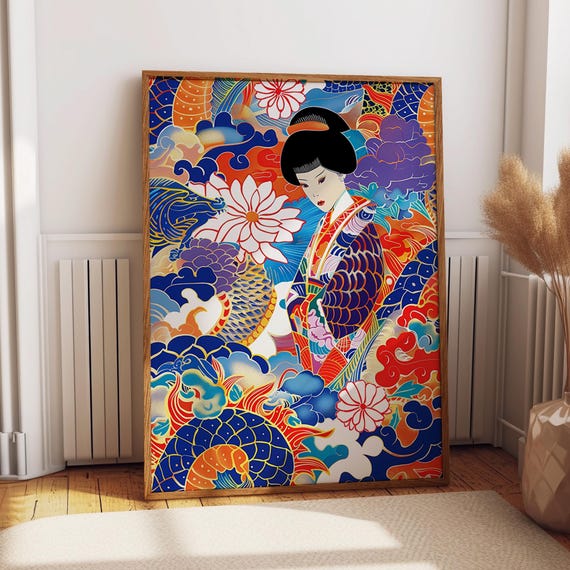 Japanese Geisha Dragon Art Print Bold Red And Blue Kimono Decor Traditional Asian Tattoo Inspired Wall Art Poster Or Print