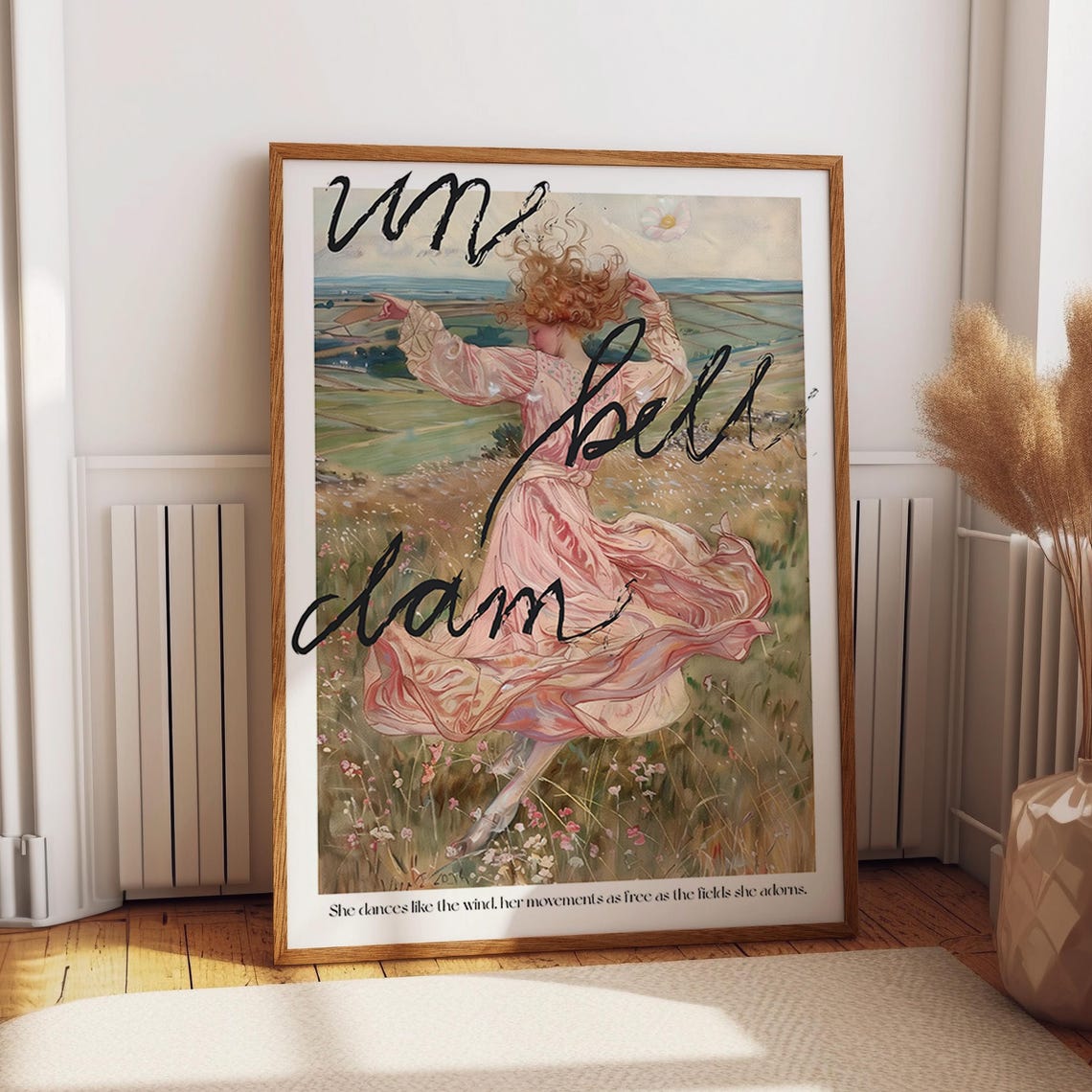 Dancing Girl Art Print Pink Dress Feminine Artwork Romantic Rococo Fashion Wall Art Floral Field Art Poster Poster Or Print