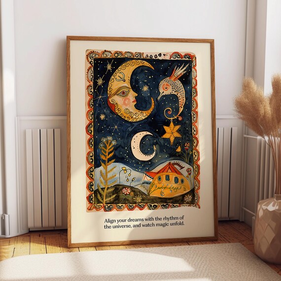 Moon And Stars Dream Folk Art, Celestial Art Print