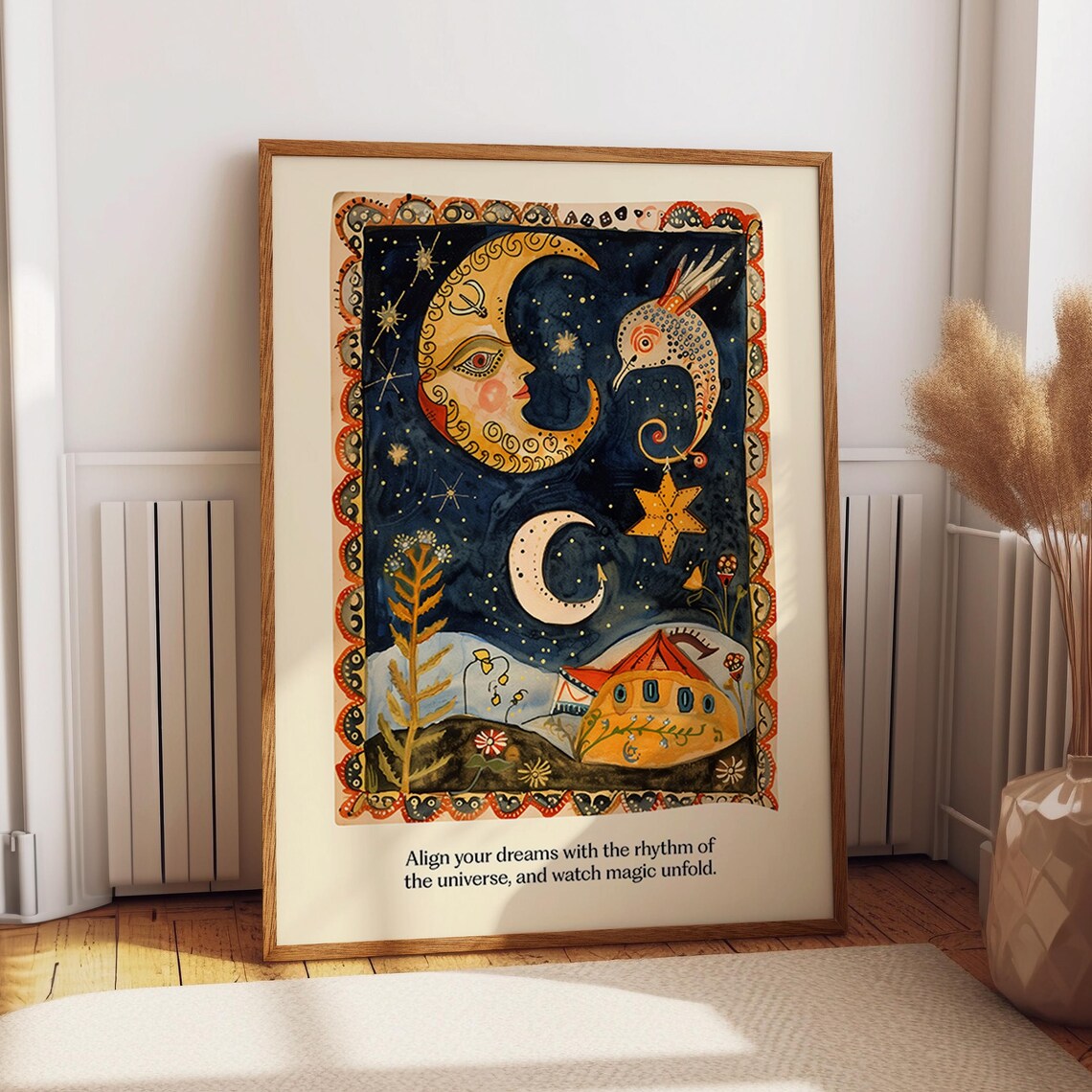 Moon And Stars Dream Folk Art, Celestial Art Print