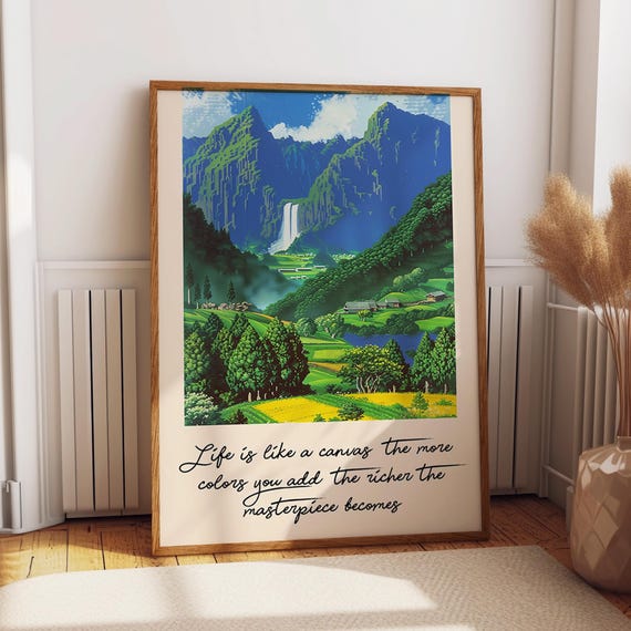 Inspirational Mountain Landscape Wall Art Peaceful Countryside Home Decor Nature Escape With Motivational Quote Poster Or Print