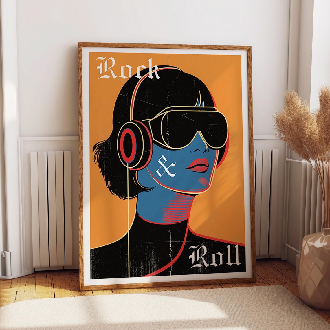 Rock and Roll Headphones Woman Orange Pop Art Music Room Poster