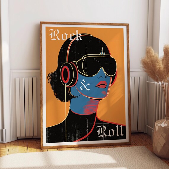 Rock and Roll Headphones Woman Orange Pop Art Music Room Poster