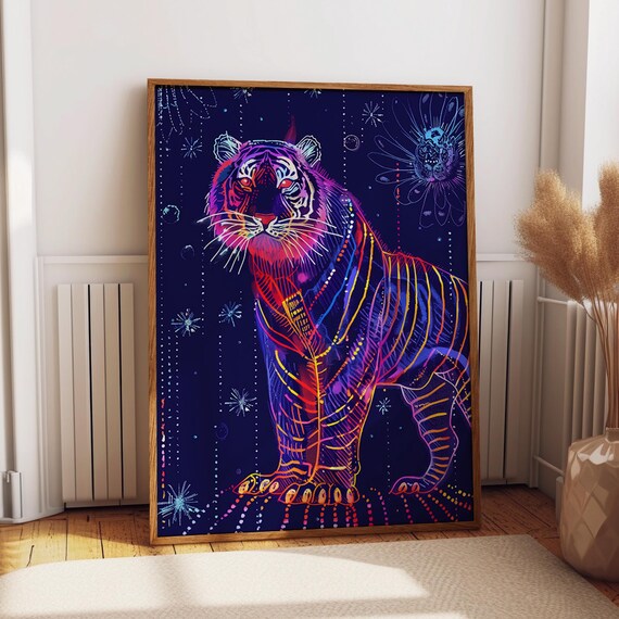 Neon Line Art Tiger Starry Night Sky Graphic Wildlife Art Poster