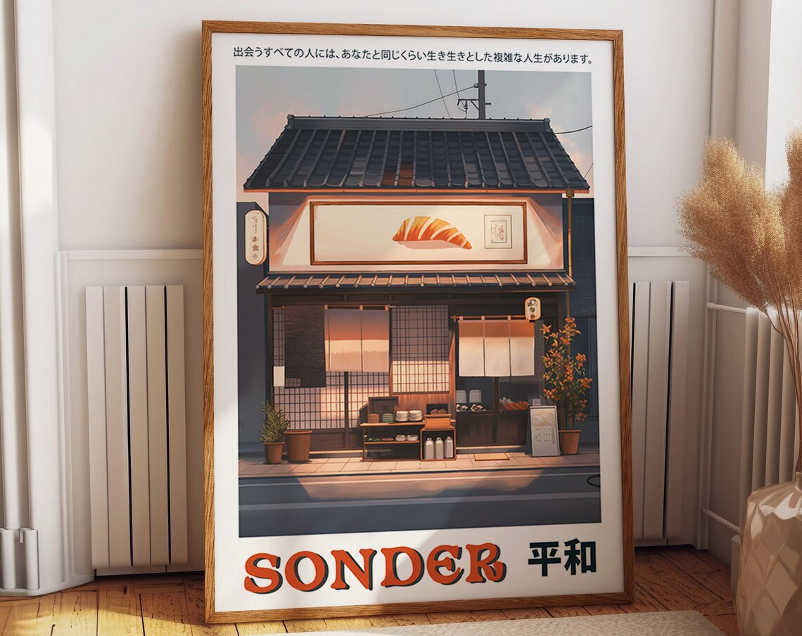 Japanese Storefront Sunset, Urban Japan Artwork