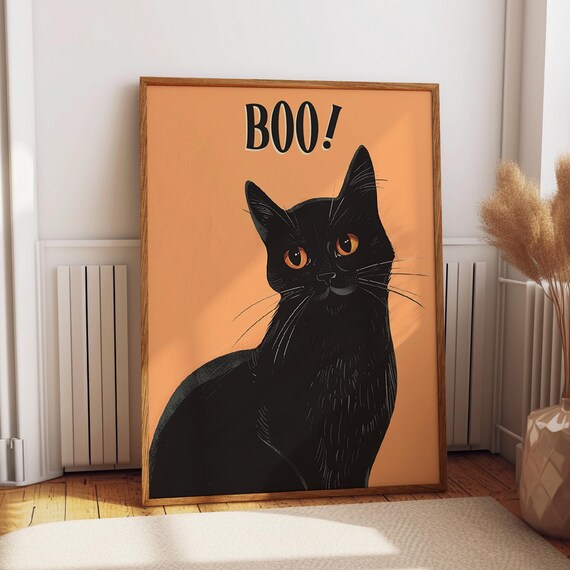 Boo Black Cat Halloween Funny Kitty Orange Background Art Print
