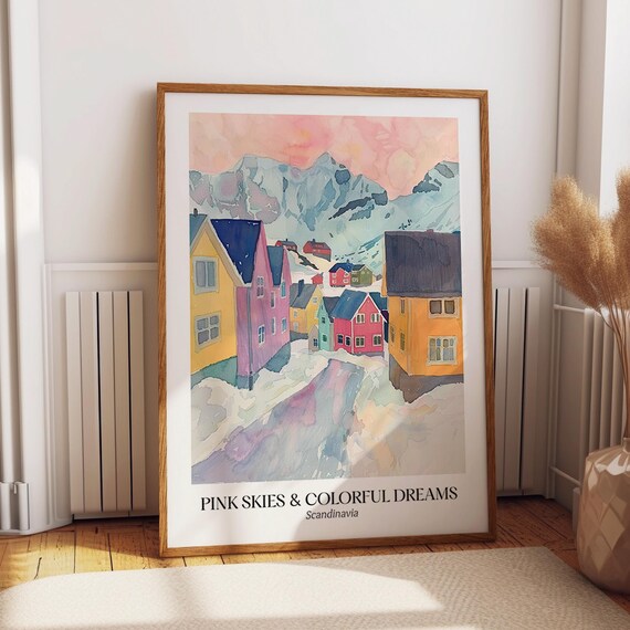 Scandinavian Village Watercolor Art Poster Pink Skies Colorful Houses Wall Art Poster Or Print