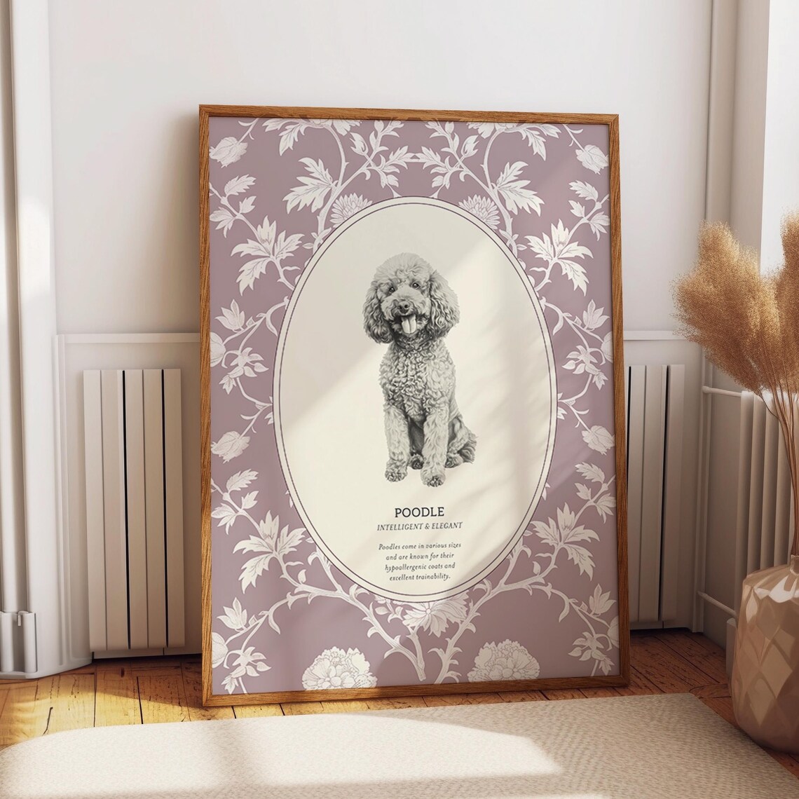 Poodle Art Print, Classic Floral Background