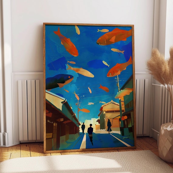 Surreal Fish In Sky Art Print Japanese Street Abstract Wall Decor Floating Fish Blue Themed Wall Art Room Decor Poster Or Print
