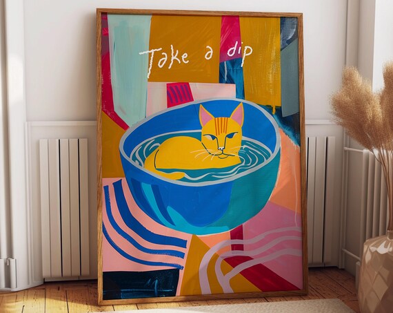 Take a Dip Funny Ginger Cat in a Bath Bowl Abstract Art Poster