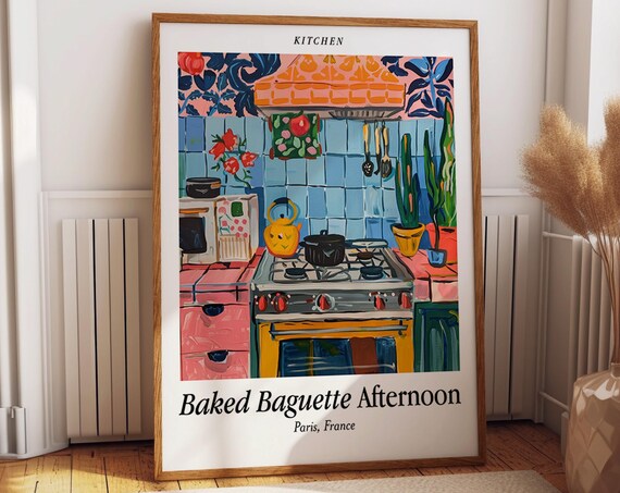 Cheerful Baked Baguette Afternoon Paris France Kitchen Art Poster