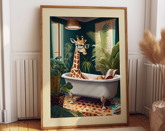 Whimsical Giraffe Bathtub Watercolor Art Print