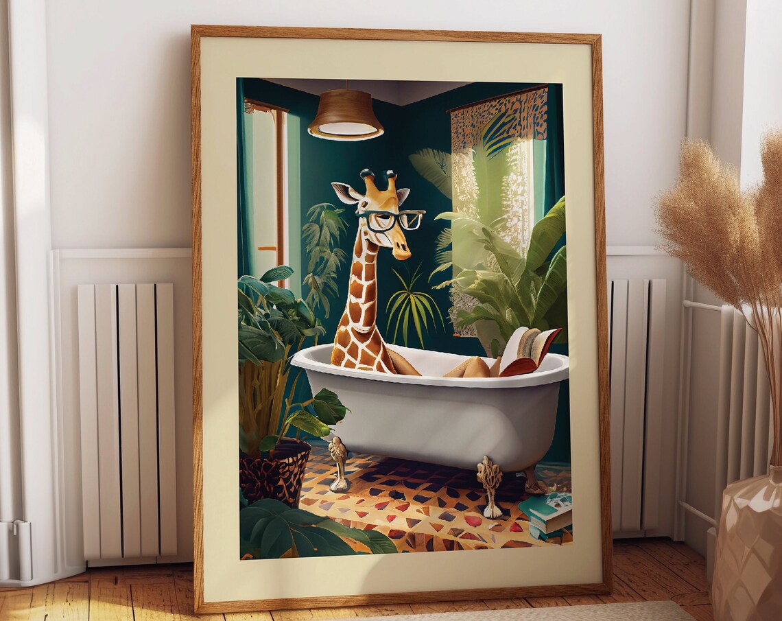 Whimsical Giraffe Bathtub Watercolor Art Print