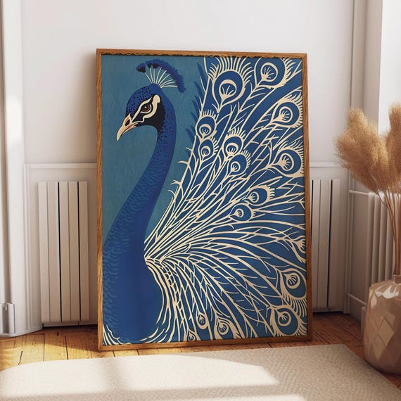 Blue Peacock Illustration, Minimalist Art Print