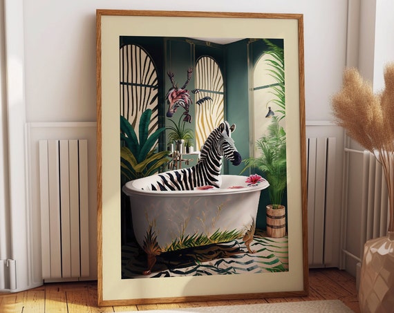 Whimsical Zebra Bathtub Watercolor Wall Art Print