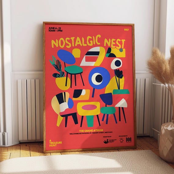 Mid Century Abstract Chairs Wall Art 1980s Retro Furniture Illustration Poster Geometric Shapes Home Decor Poster Or Print