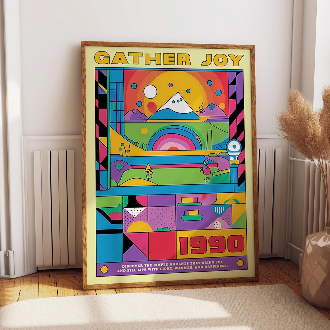 Gather Joy 1990 Cheerful Mountain Sunrise Landscape Abstract Poster