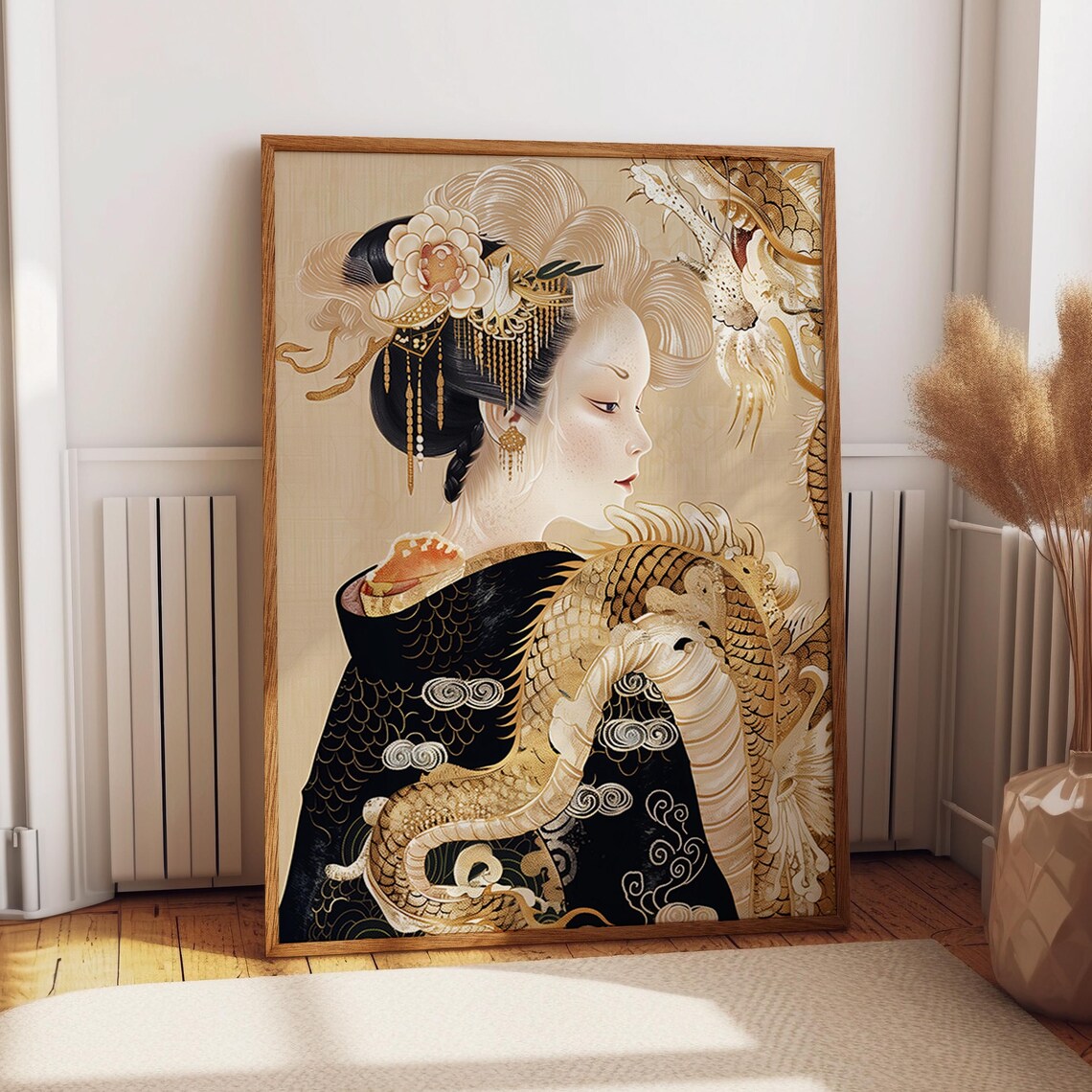 Golden Dragon Geisha, Japanese Kimono Wall Art
