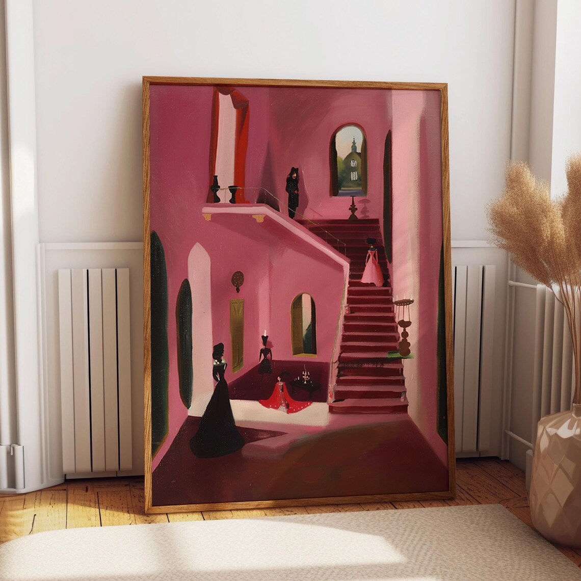 Pink Victorian Manor Grand Staircase Gowns Elegant Art Poster