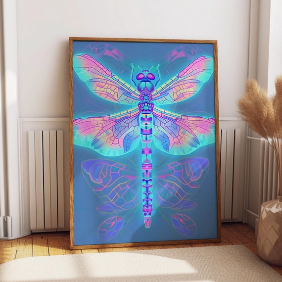 Neon Dragonfly Poster, Vibrant Insect Design