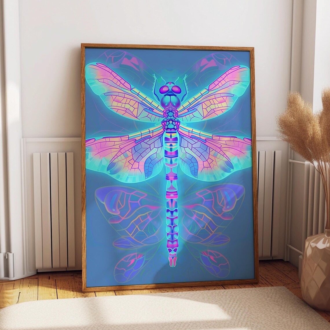 Neon Dragonfly Poster, Vibrant Insect Design