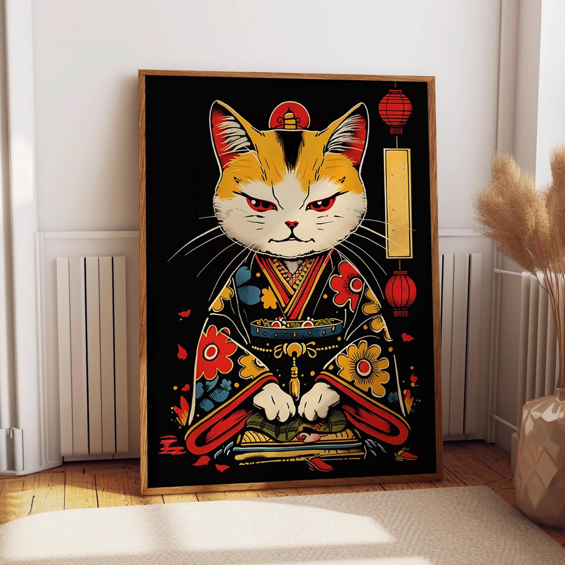 Japanese Cat in Floral Kimono Bold Graphic Art on Black Poster